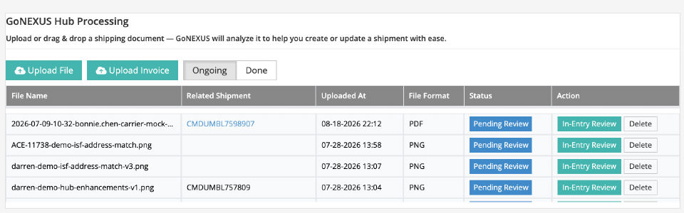 The GoNEXUS Hub panel with a file in Pending Review