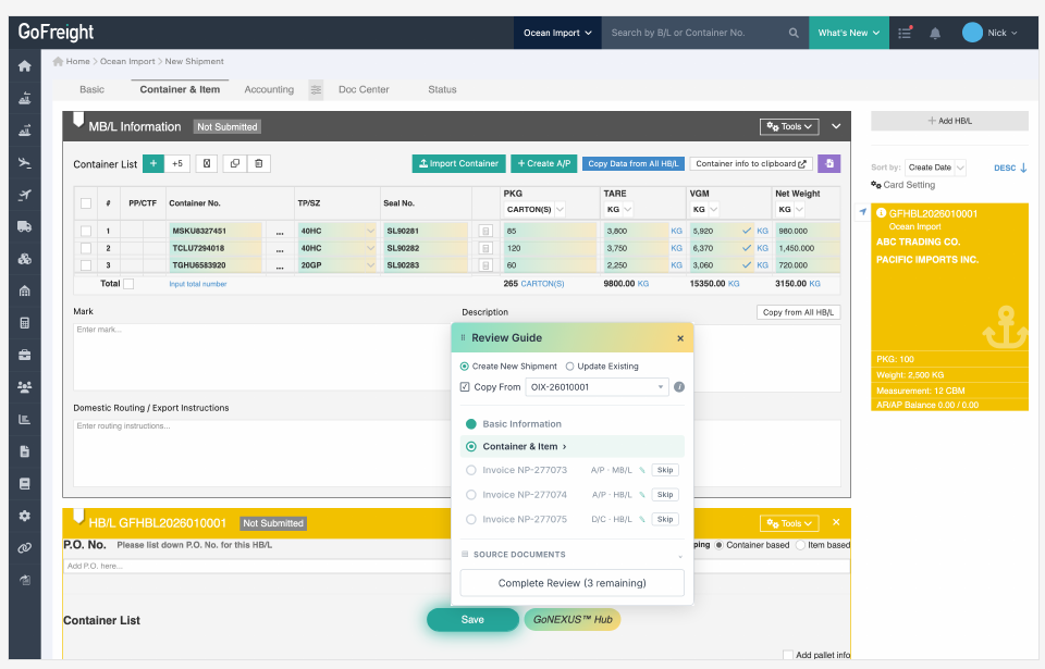 The shipment screen filled in by GoFreight AI