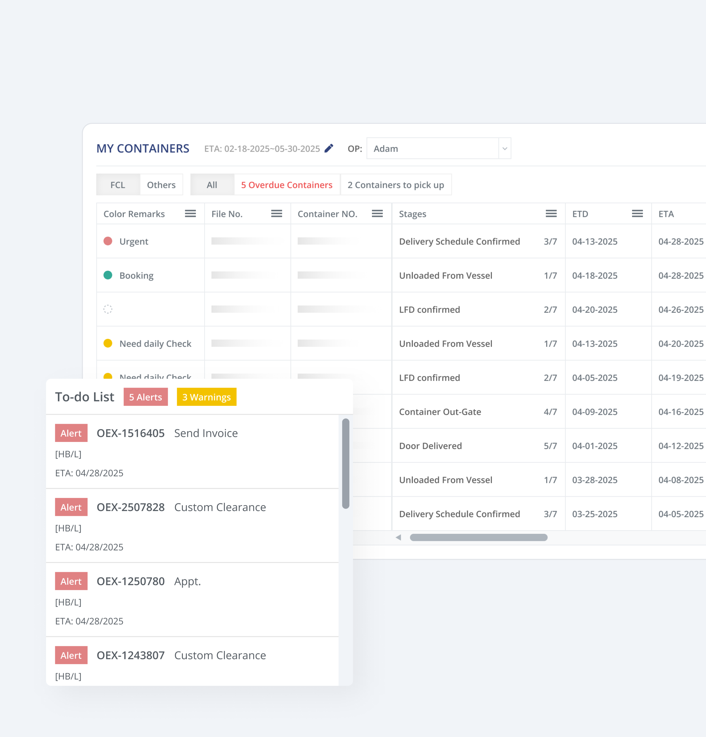 A dashboard view for internal team members showing container status and to-do lists.