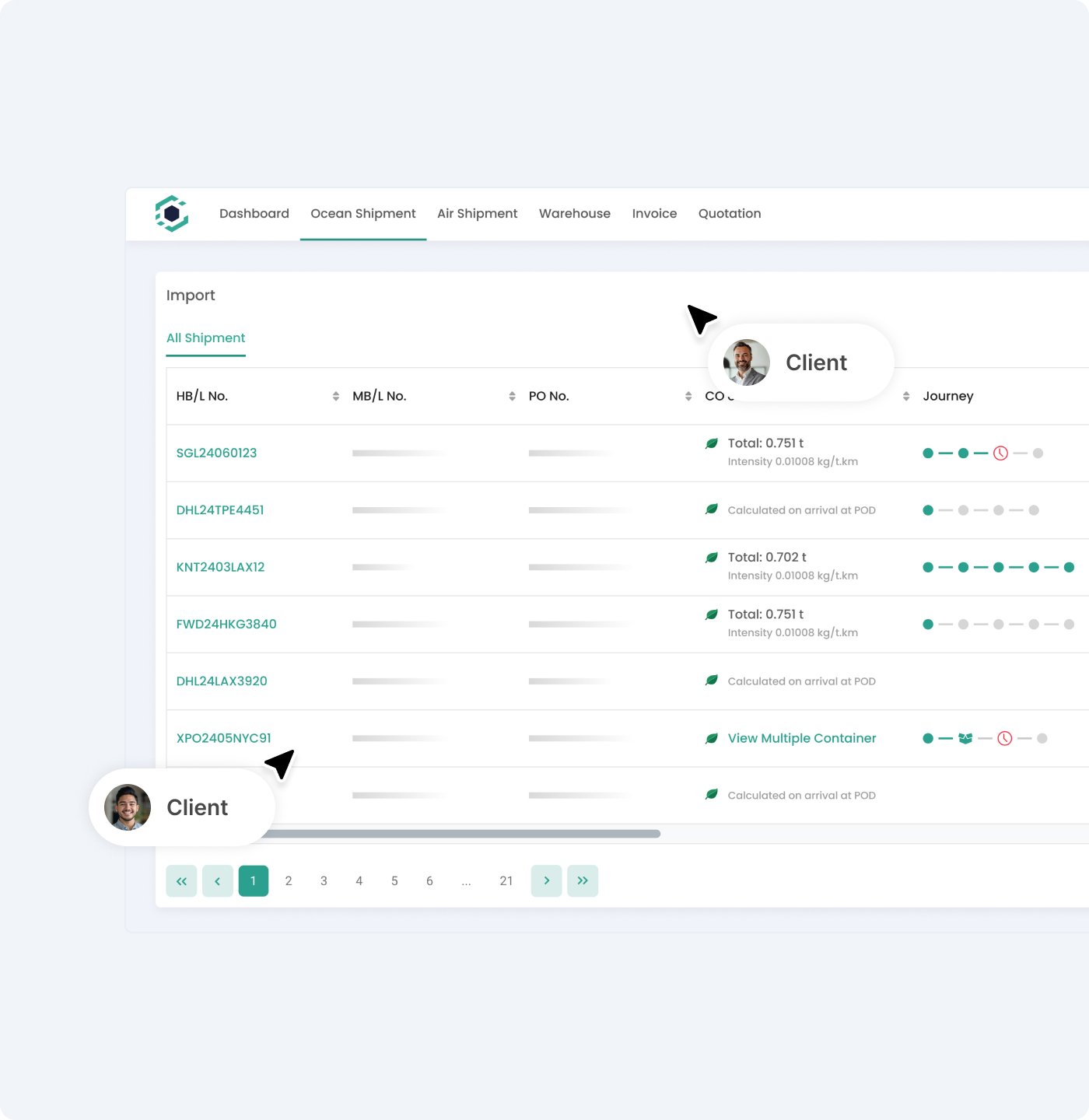 Customer portal interface showing client communication and tracking features.