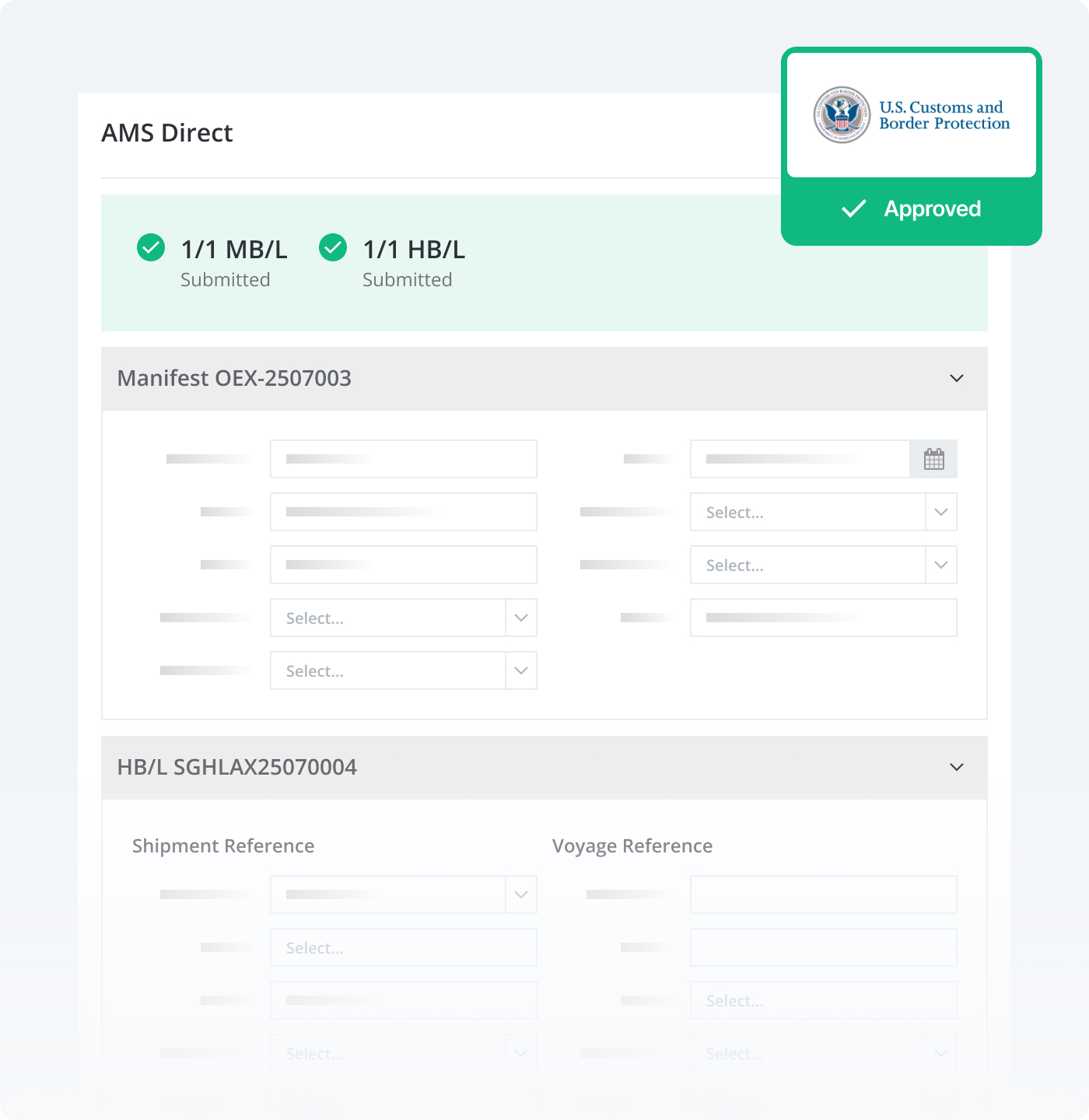 AMS Direct compliance interface showing automated filing and invoice management.