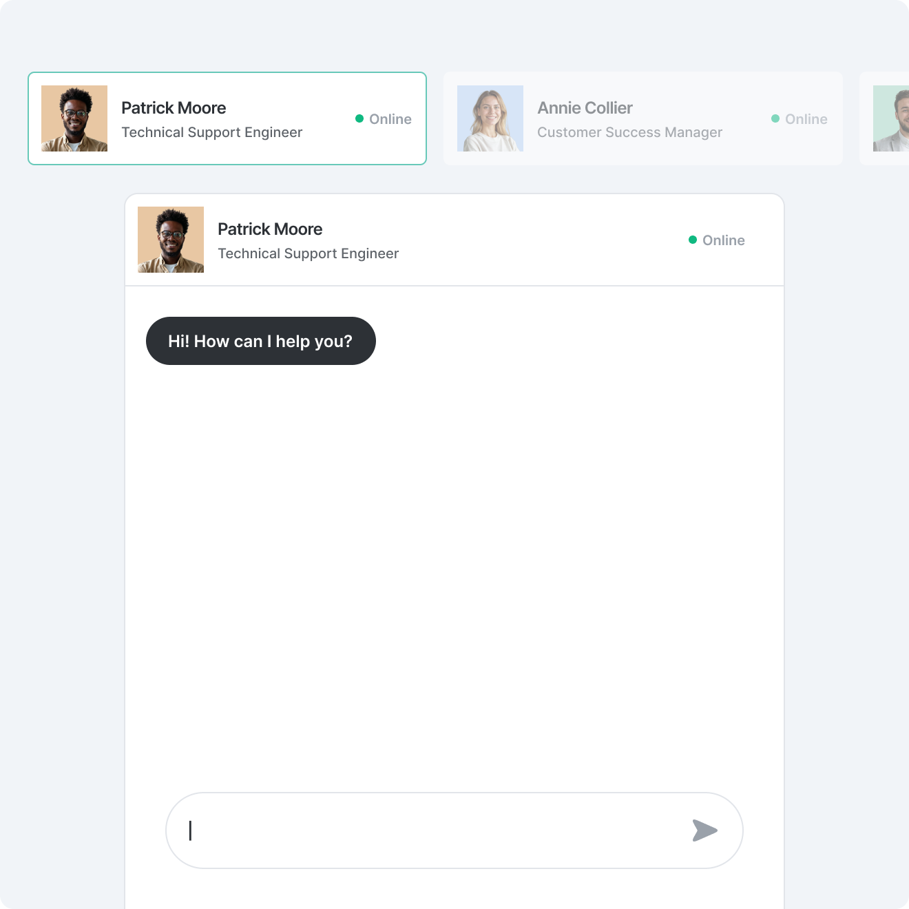 Screenshot of a live chat support interface with support agents.