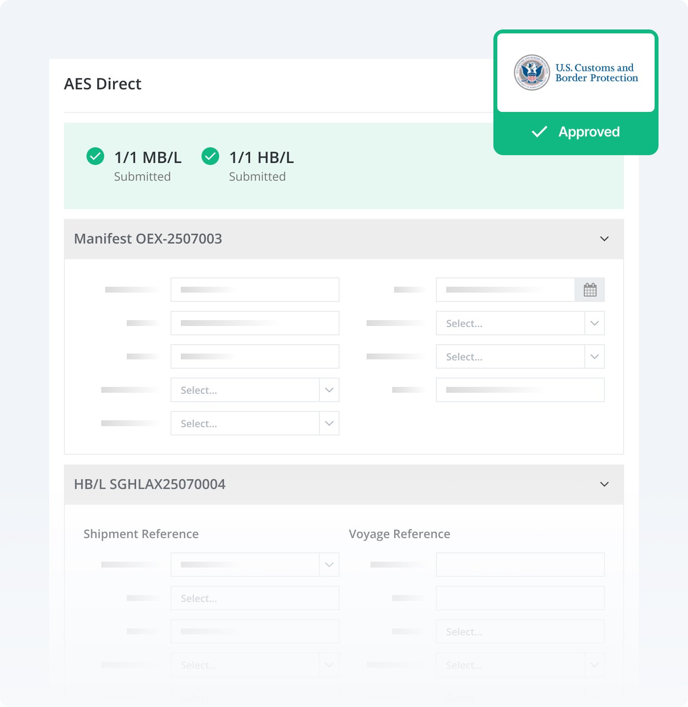 AES Direct filing interface showing document processing workflow.