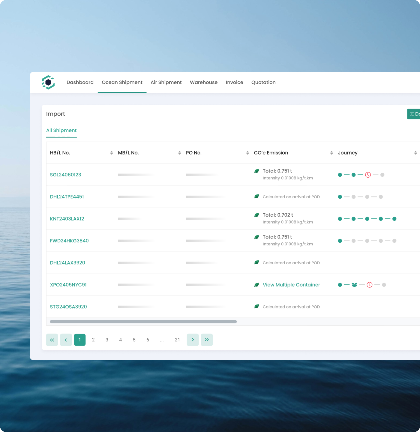 Ocean Import dashboard