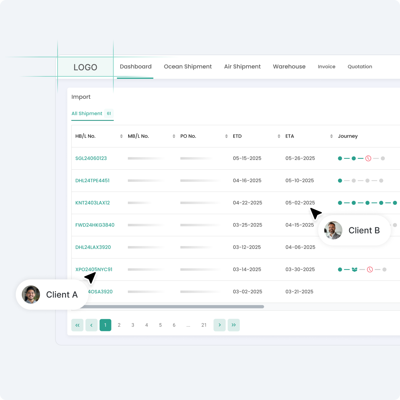 Screenshot of a customer portal showing shipment tracking information.