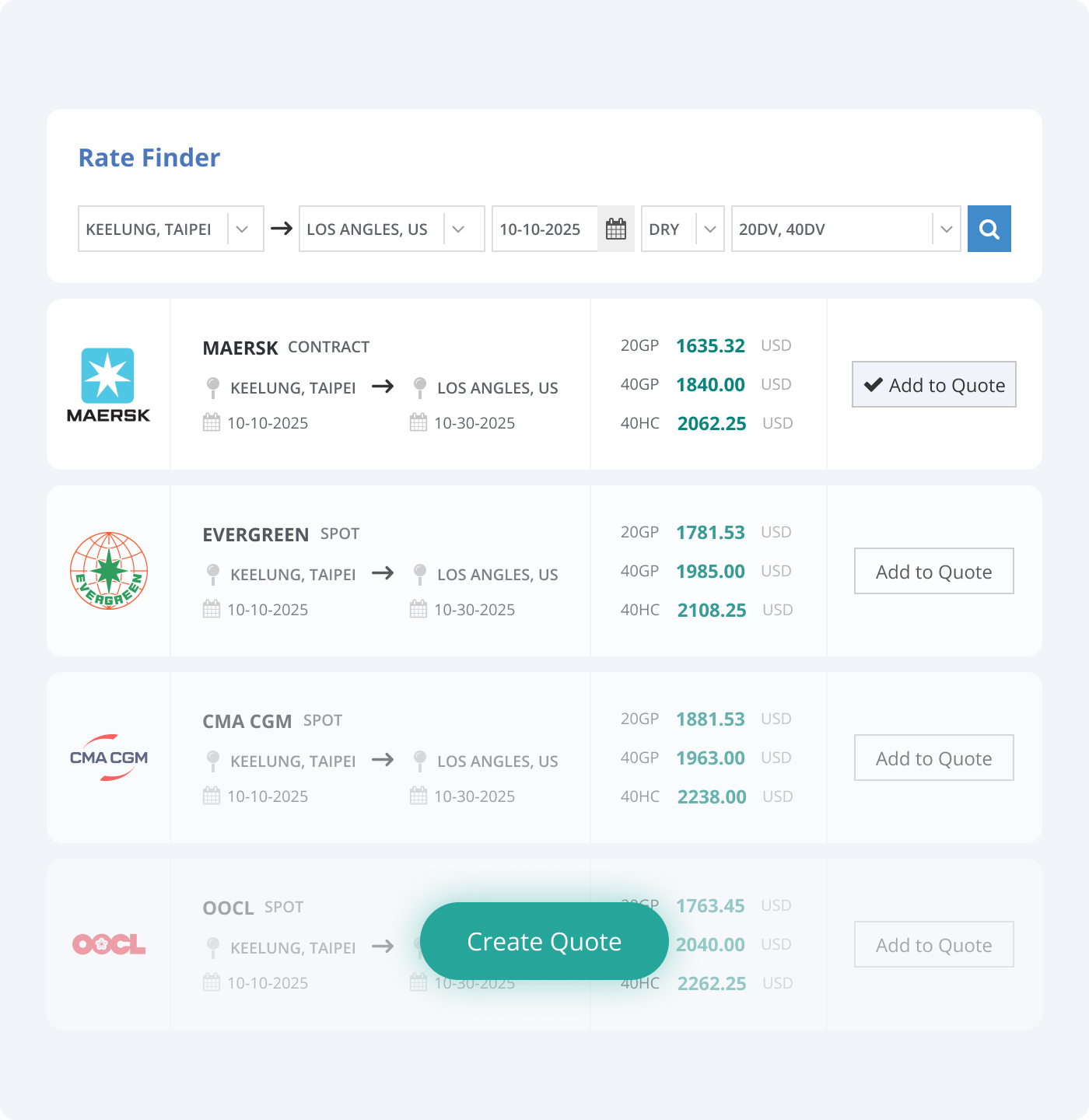 Rate finder interface showing various shipping rates and quote options.