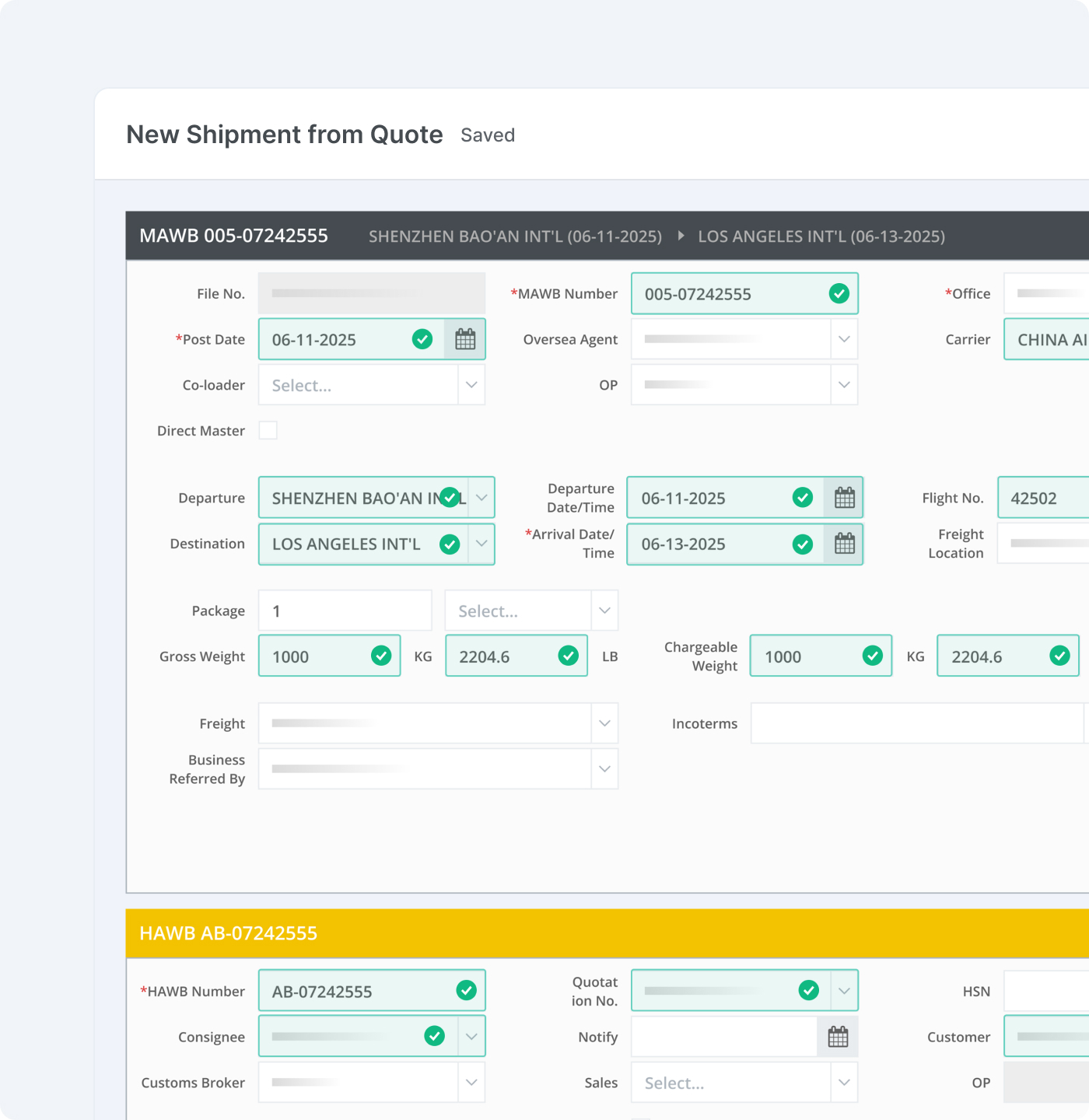 Air import shipment setup interface showing automated forms and AWB management.
